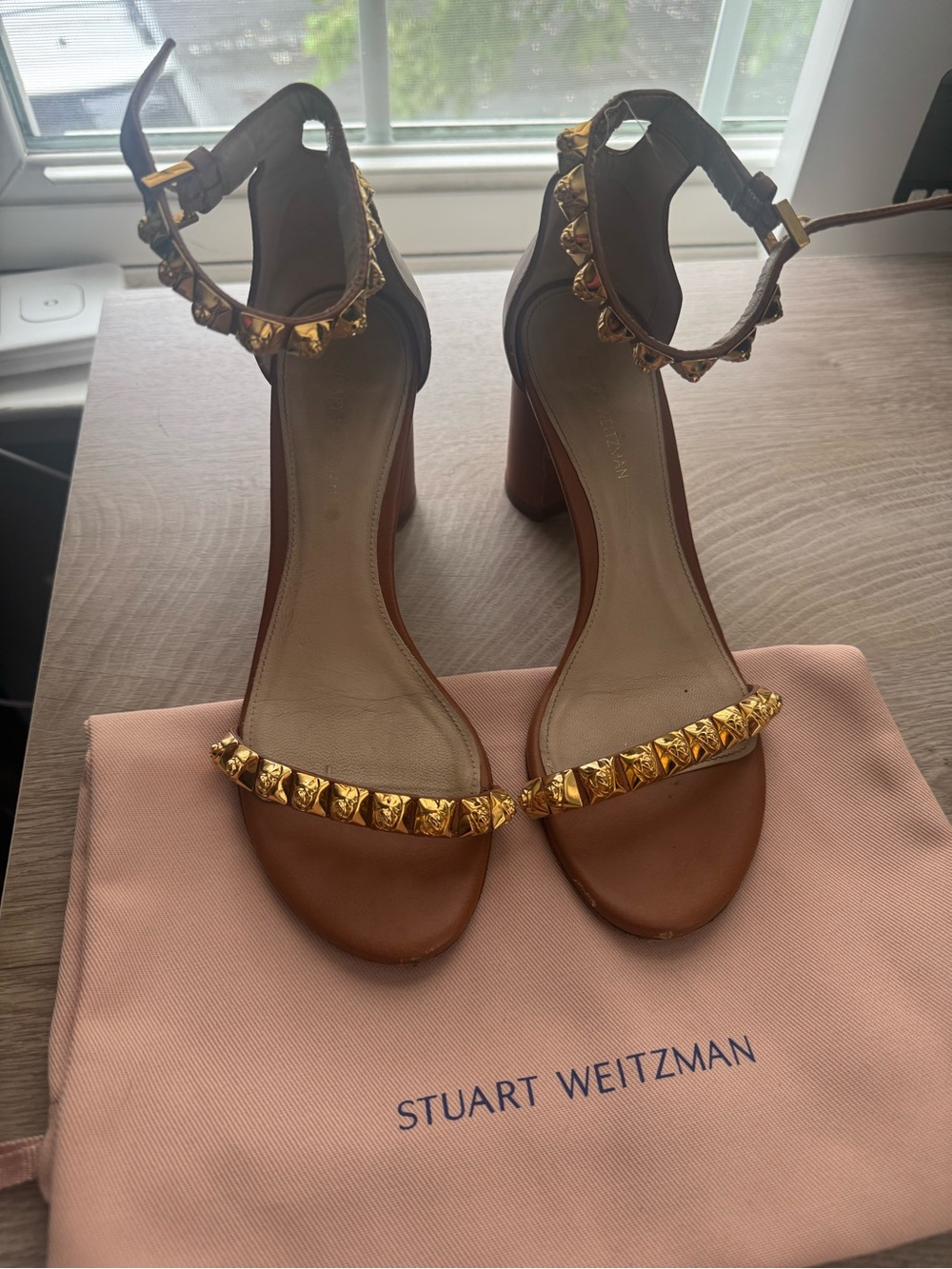 Stuart Weitzman Brown Leather Rosemarie Block Heel Sandals with Gold Studs